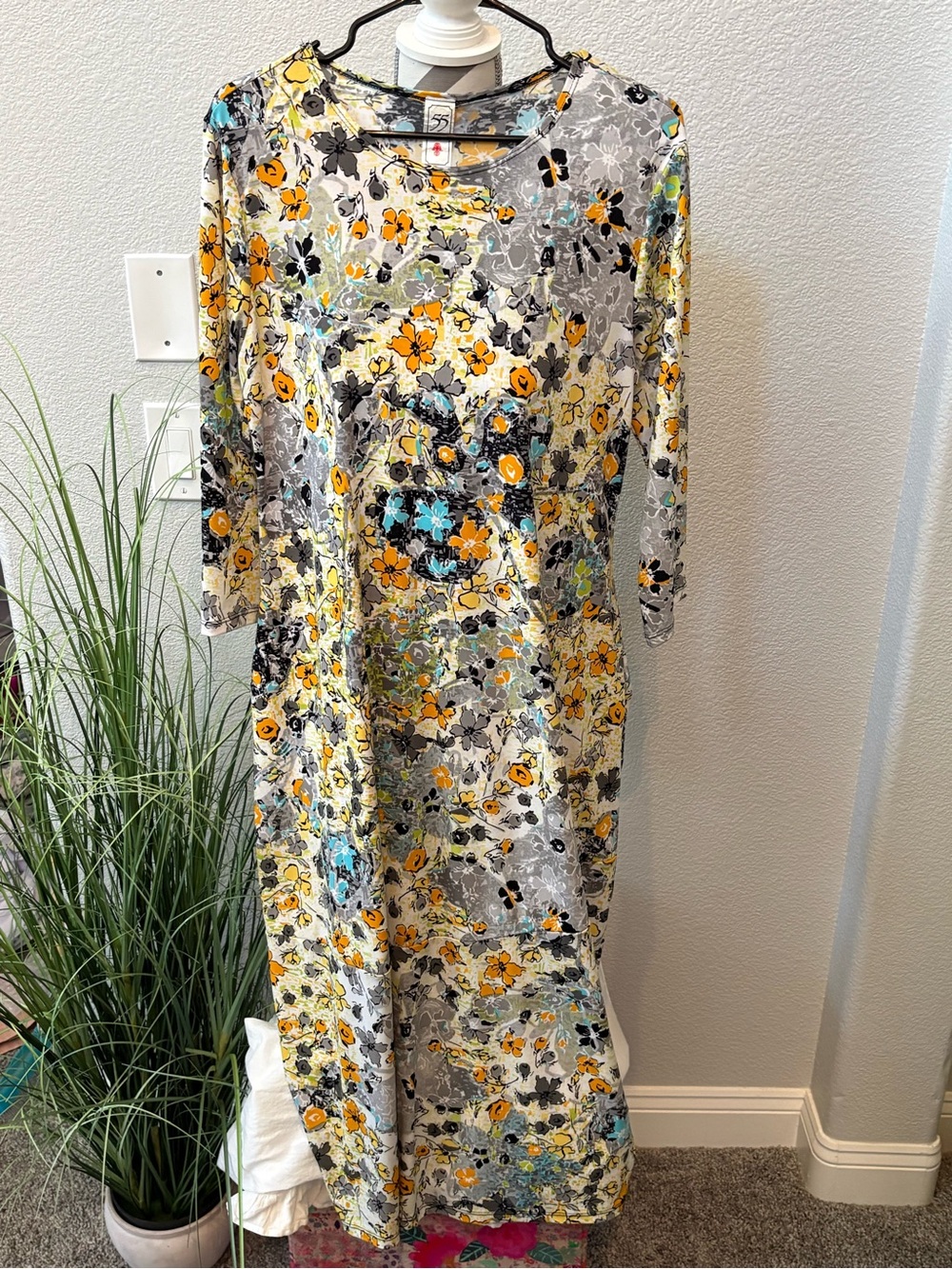 Vintage 55 Floral Maxi Dress in Yellow, Gray & Teal